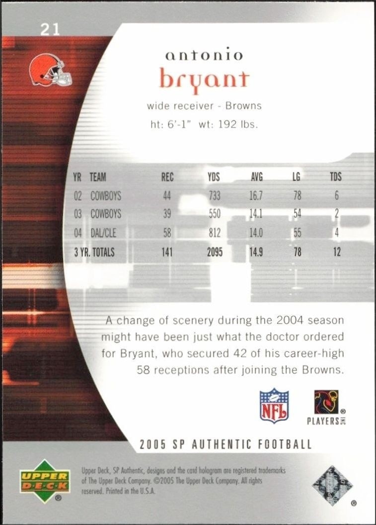 2005 Upper Deck SP Authentic Antonio Bryant #21 football trading card back