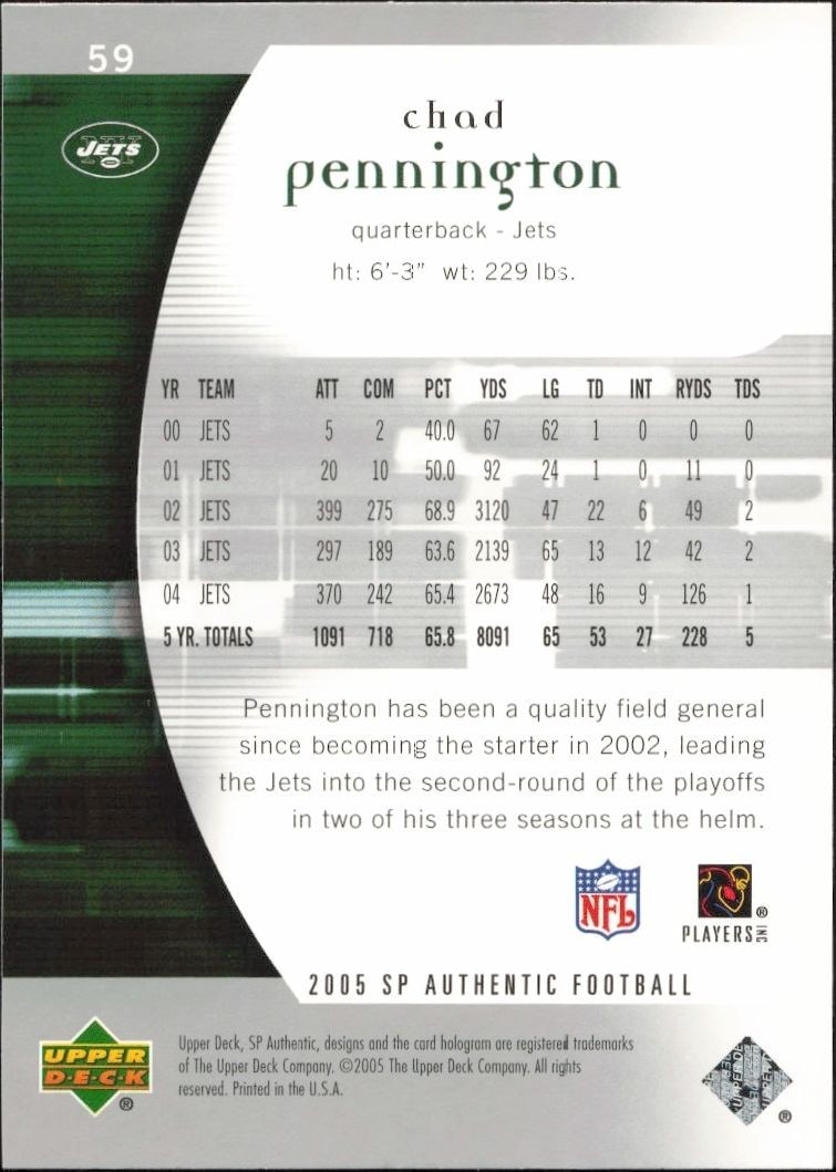 2005 Upper Deck SP Authentic Chad Pennington #59 football trading card back