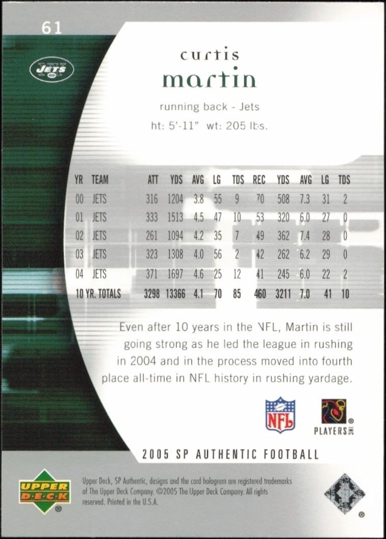 2005 Upper Deck SP Authentic Curtis Martin #61 football trading card back