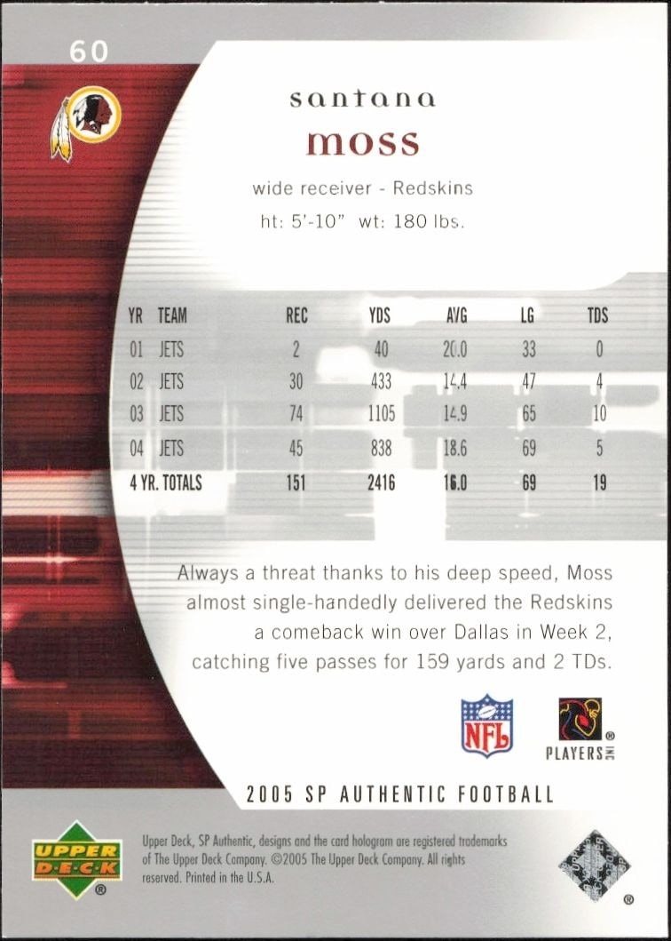 2005 Upper Deck SP Authentic Santana Moss #60 football trading card back