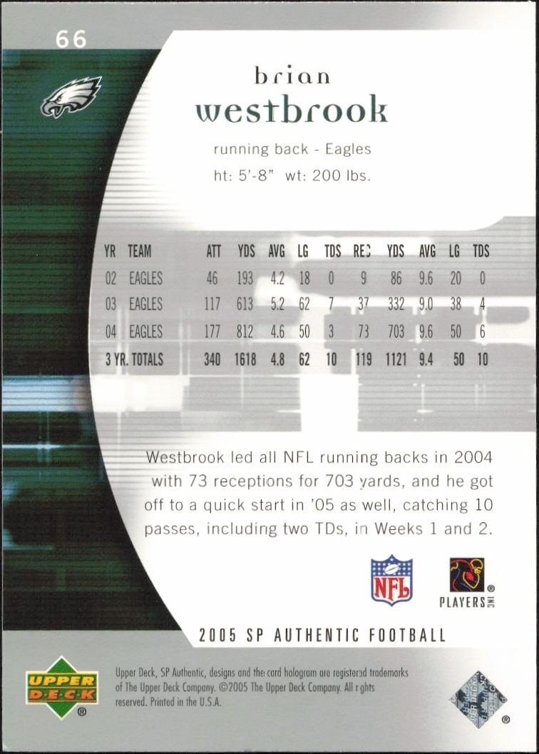 2005 Upper Deck SP Authentic Brian Westbrook #66 football trading card back