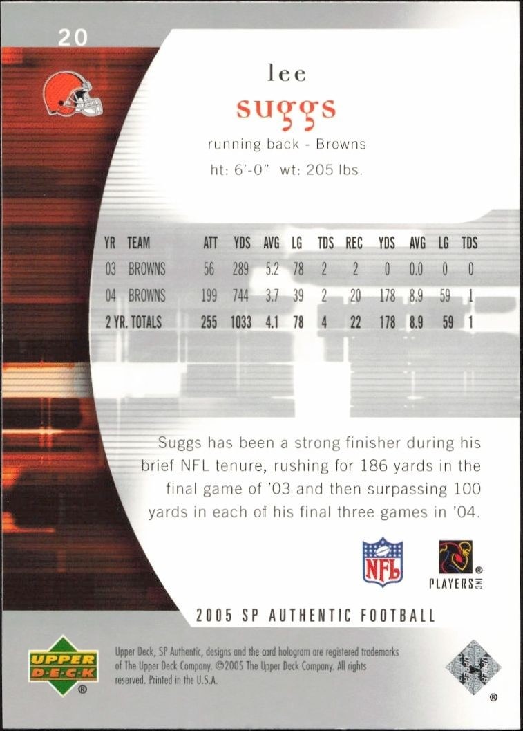 2005 Upper Deck SP Authentic Lee Suggs #20 football trading card back