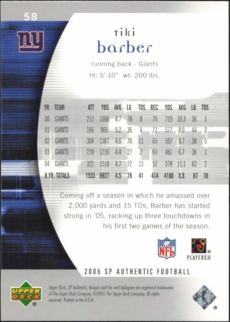 2005 Upper Deck SP Authentic Tiki Barber #58 football trading card back