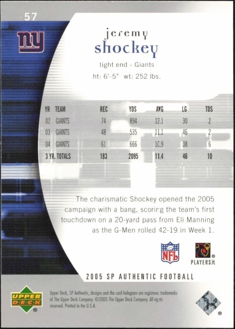 2005 Upper Deck SP Authentic Jeremy Shockey #57 football trading card back