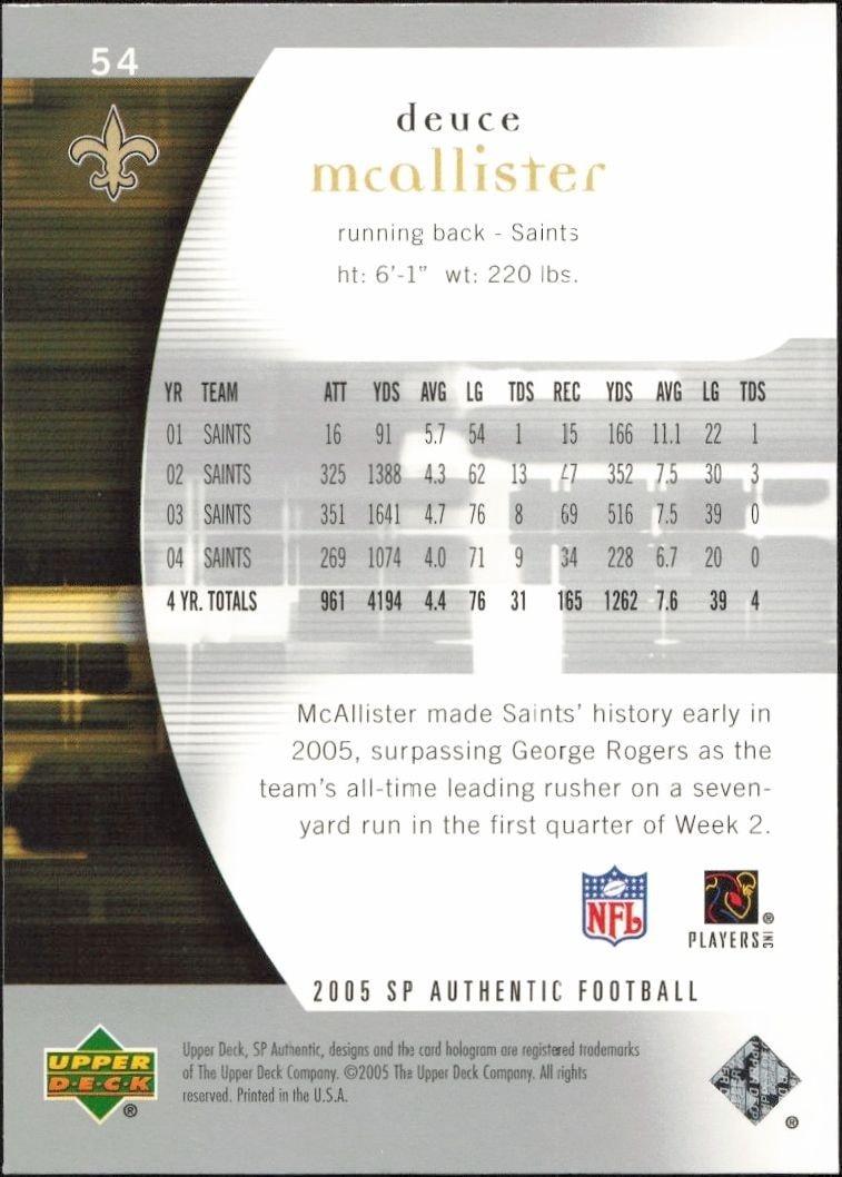 2005 Upper Deck SP Authentic Deuce McAllister #54 football trading card back