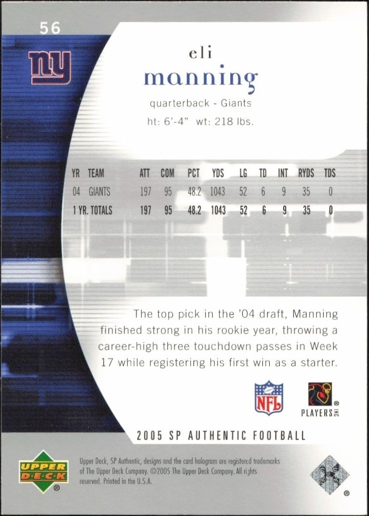 2005 Upper Deck SP Authentic Eli Manning #56 football trading card back