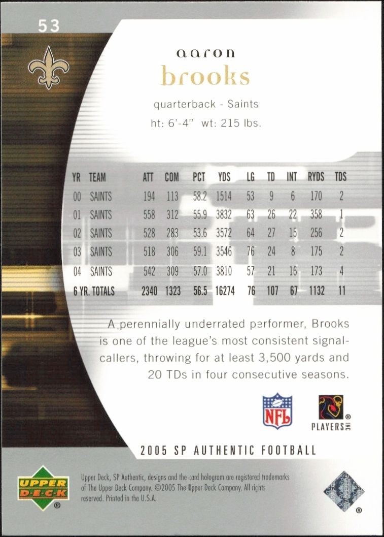 2005 Upper Deck SP Authentic Aaron Brooks #53 football trading card back
