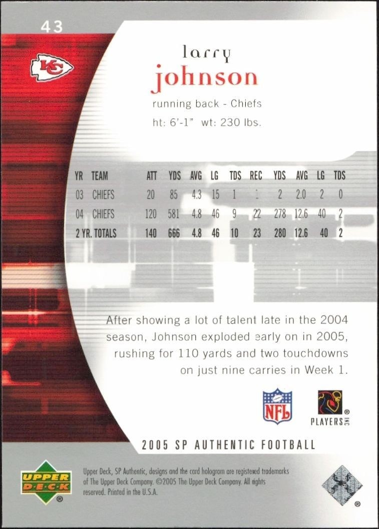 2005 Upper Deck SP Authentic Larry Johnson #43 football trading card back