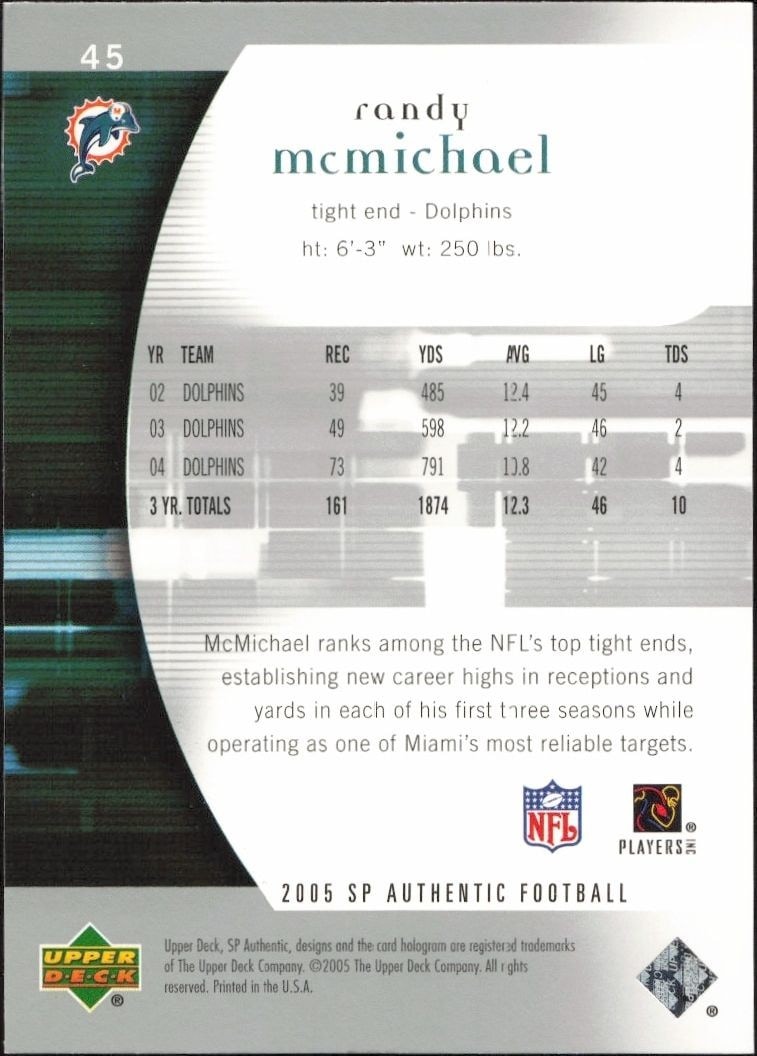 2005 Upper Deck SP Authentic Randy McMichael #45 football trading card back