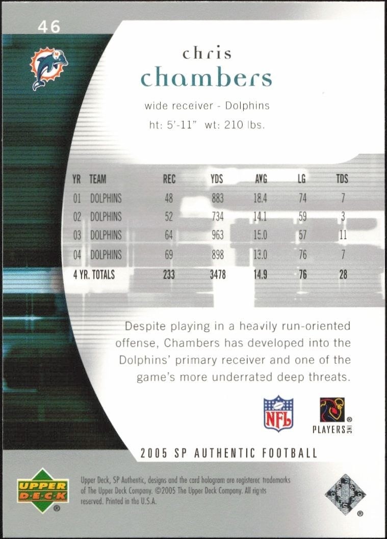 2005 Upper Deck SP Authentic Chris Chambers #46 football trading card back