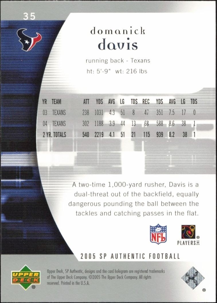 2005 Upper Deck SP Authentic Domanick Davis #35 football trading card back