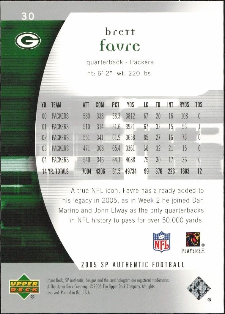 2005 Upper Deck SP Authentic Brett Favre #30 football trading card back