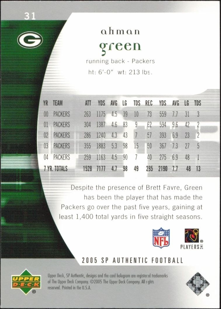 2005 Upper Deck SP Authentic Ahman Green #31 football trading card back