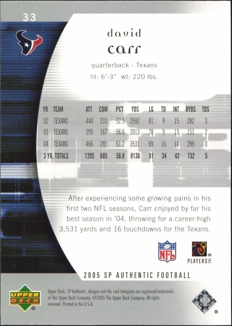 2005 Upper Deck SP Authentic David Carr #33 football trading card back