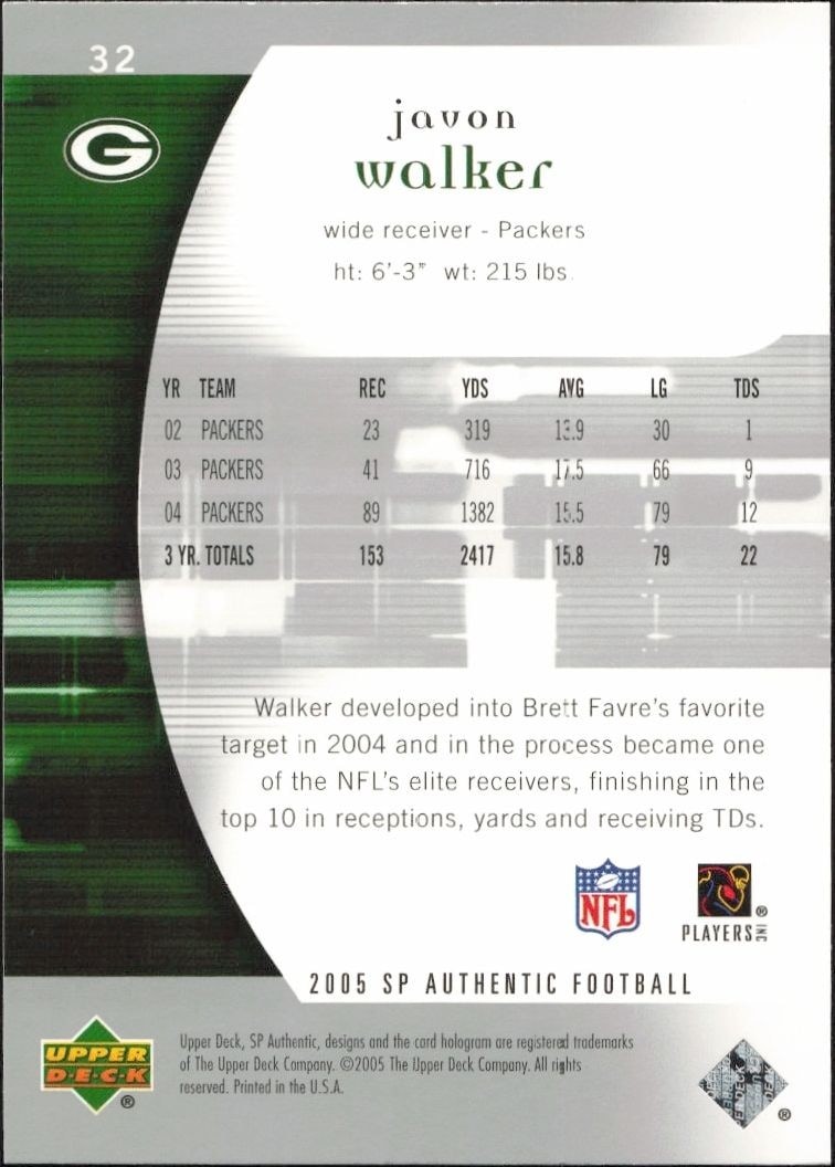 2005 Upper Deck SP Authentic Javon Walker #32 football trading card back
