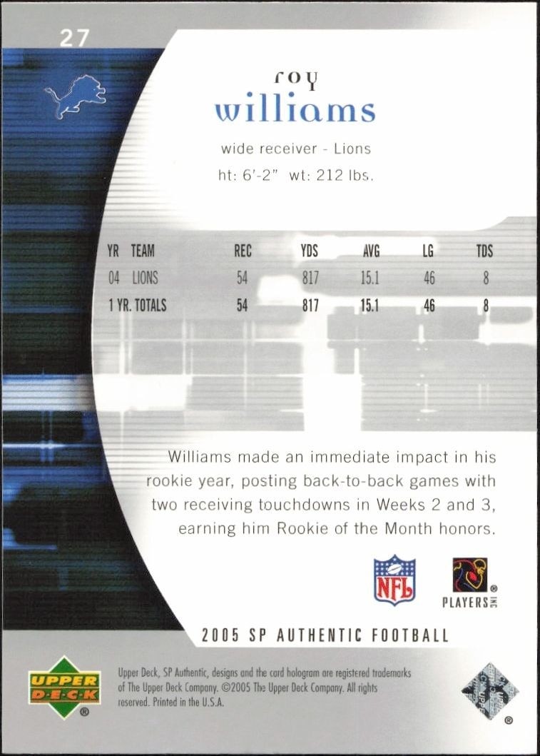 2005 Upper Deck SP Authentic Roy Williams #27 football trading card back
