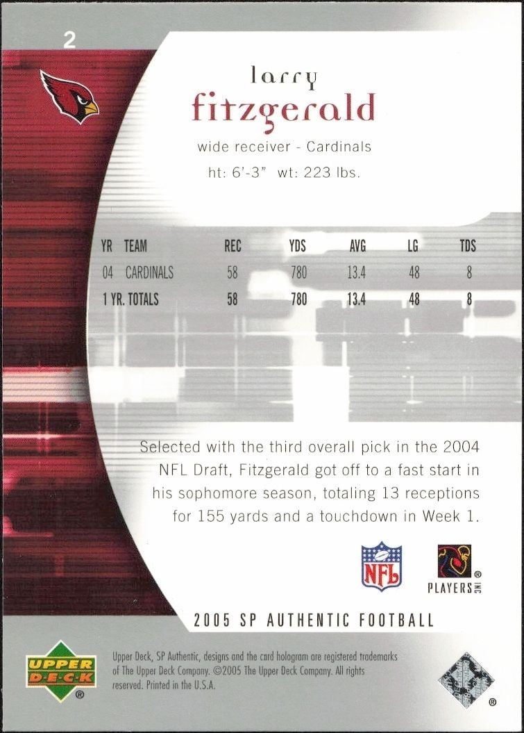 2005 Upper Deck SP Authentic Larry Fitzgerald #2 football trading card back