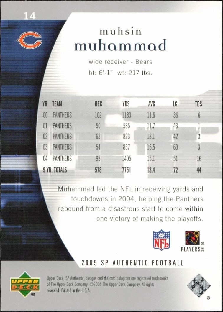 2005 Upper Deck SP Authentic Muhsin Muhammad #14 football trading card back