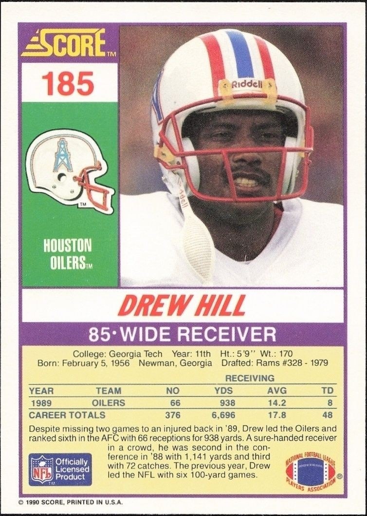 1990 Score Drew Hill #185 football trading card back