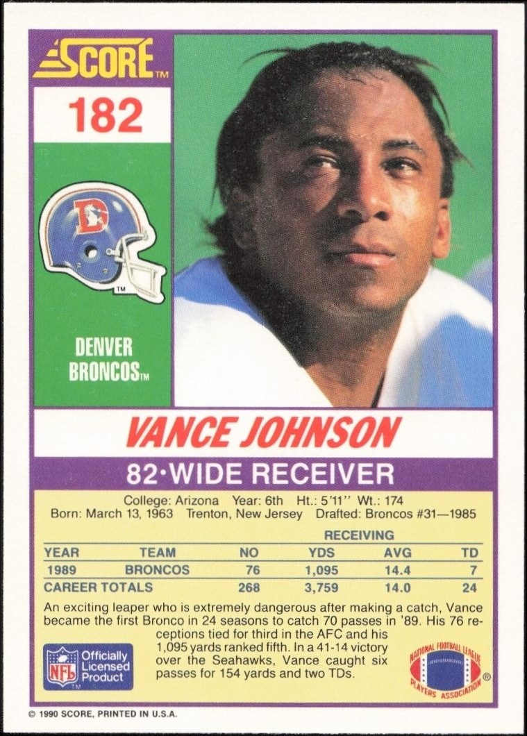 1990 Score Vance Johnson #182 football trading card back