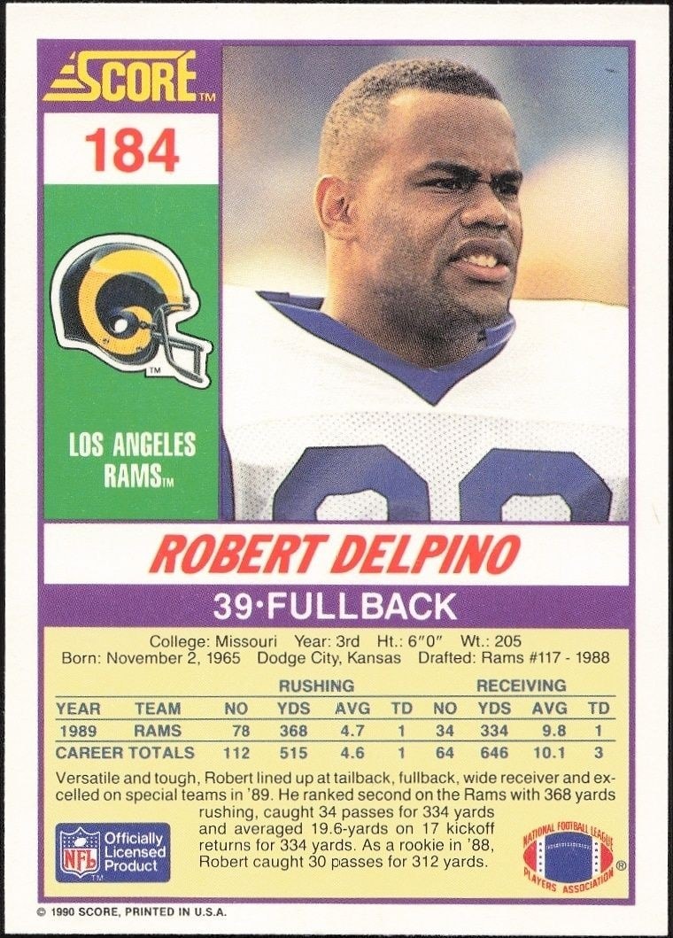 1990 Score Robert Delpino #184 football trading card back