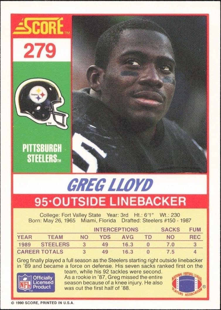 1990 Score Greg Lloyd #279 football trading card back
