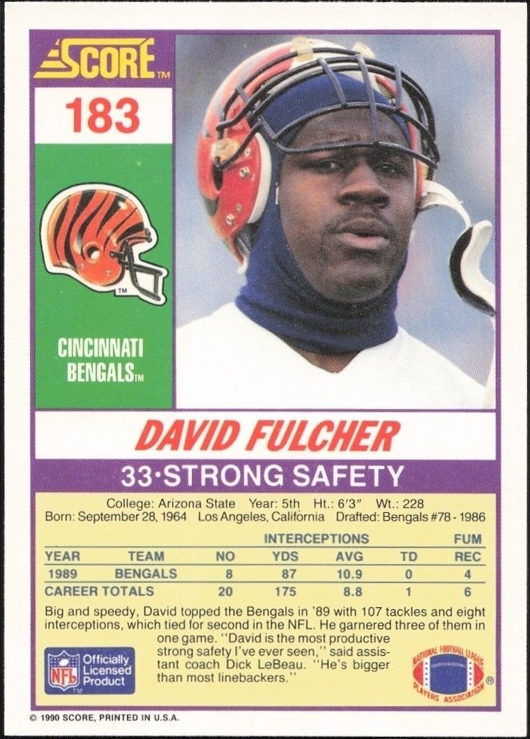 1990 Score David Fulcher #183 football trading card back