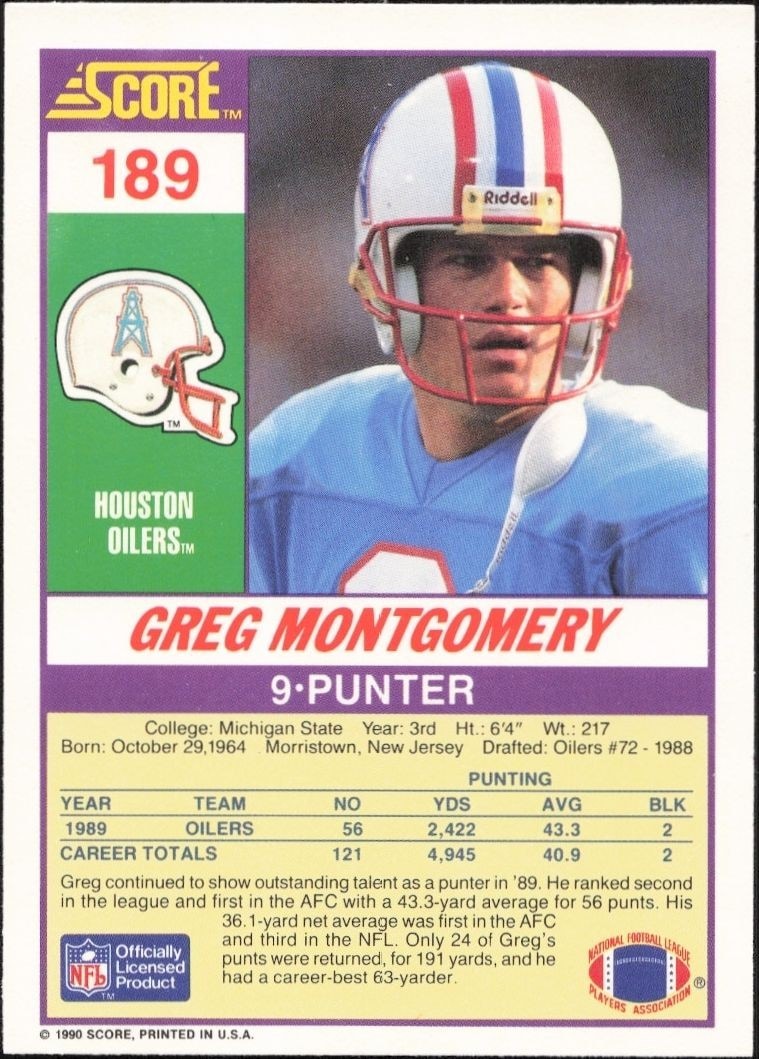 1990 Score Greg Montgomery #189 football trading card back