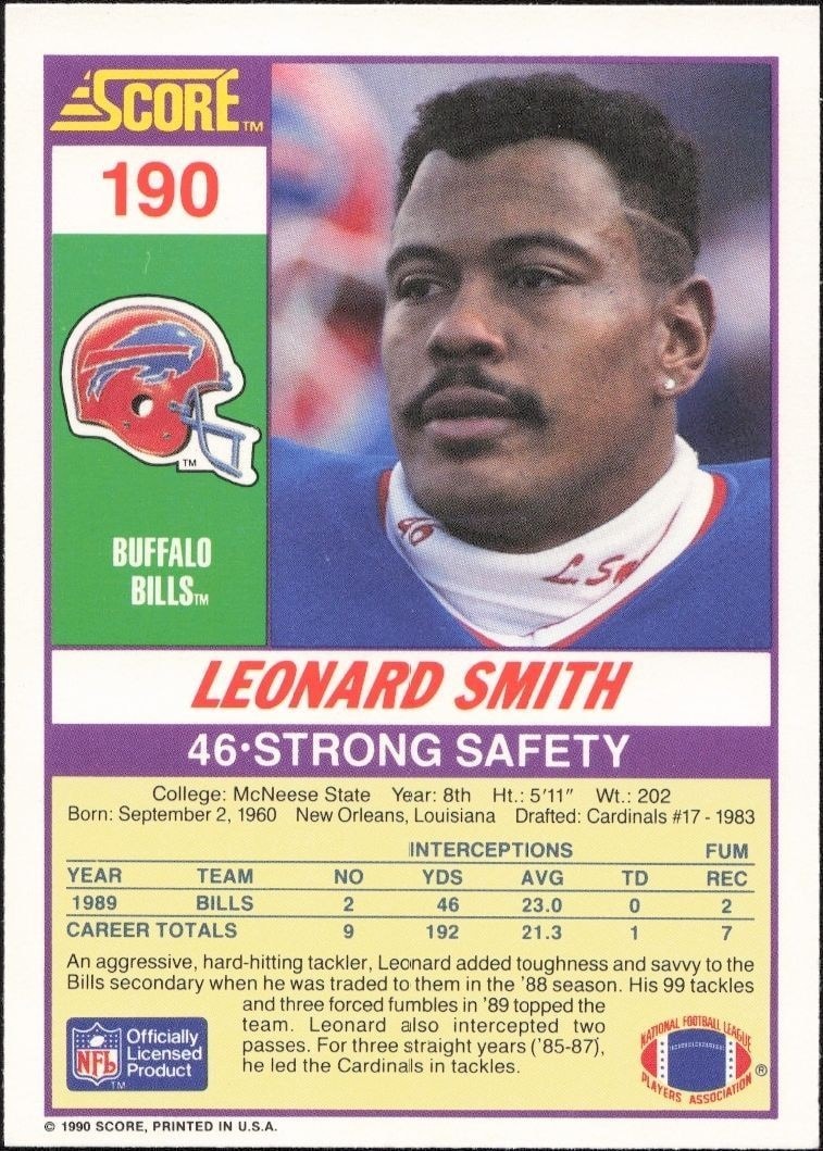 1990 Score Leonard Smith #190 football trading card back