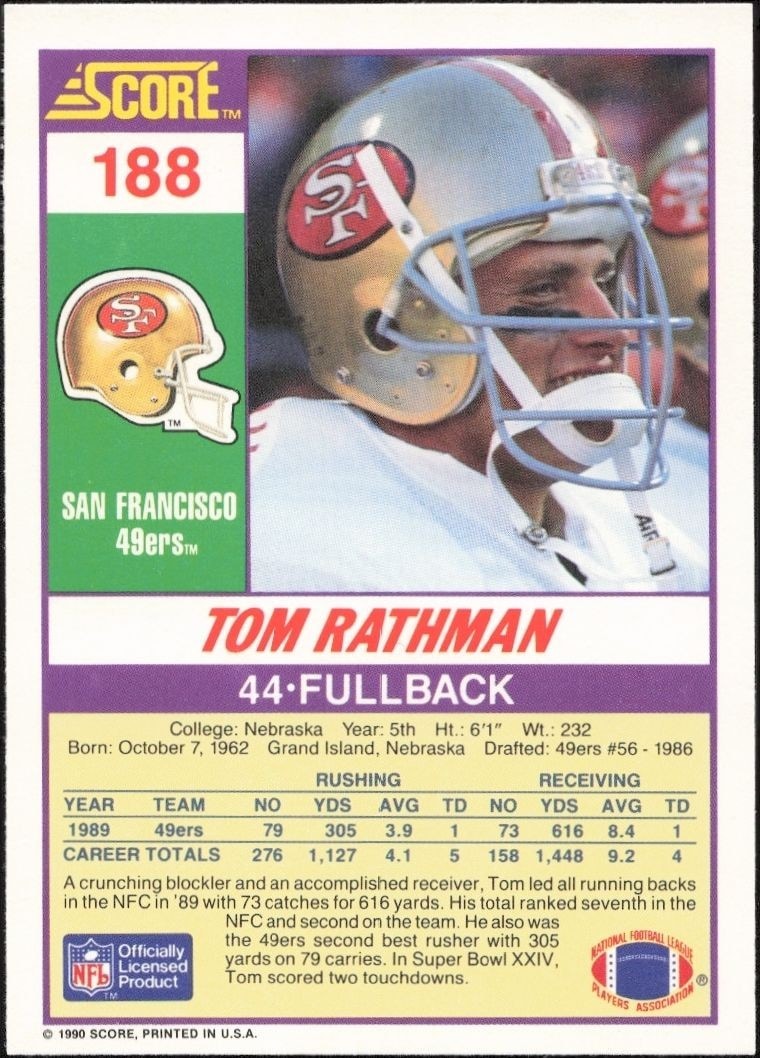 1990 Score Tom Rathman #188 football trading card back