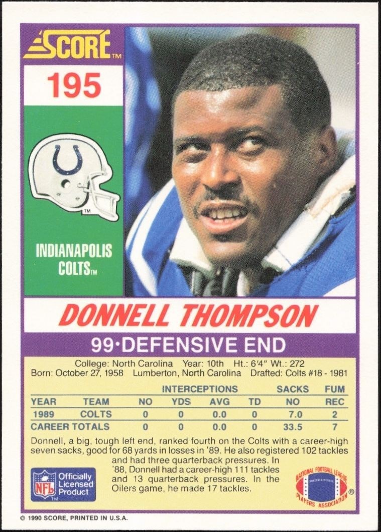 1990 Score Donnell Thompson #195 football trading card back