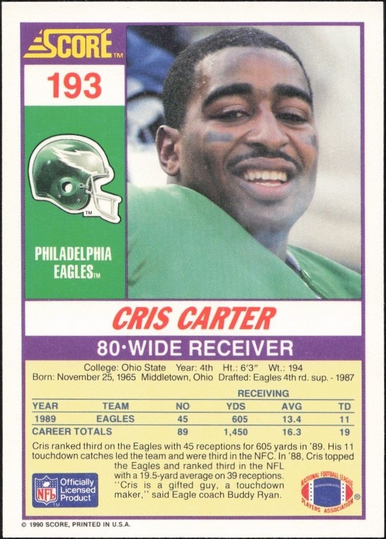 1990 Score Cris Carter #193 football trading card back