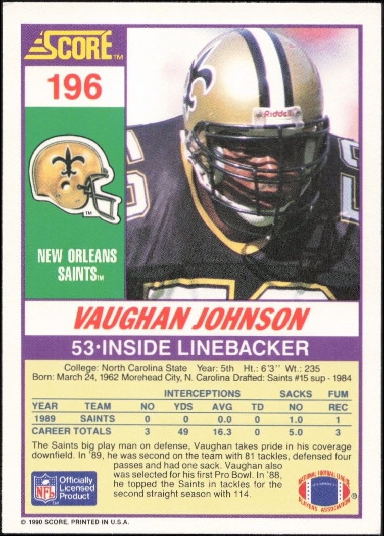 1990 Score Vaughan Johnson #196 football trading card back