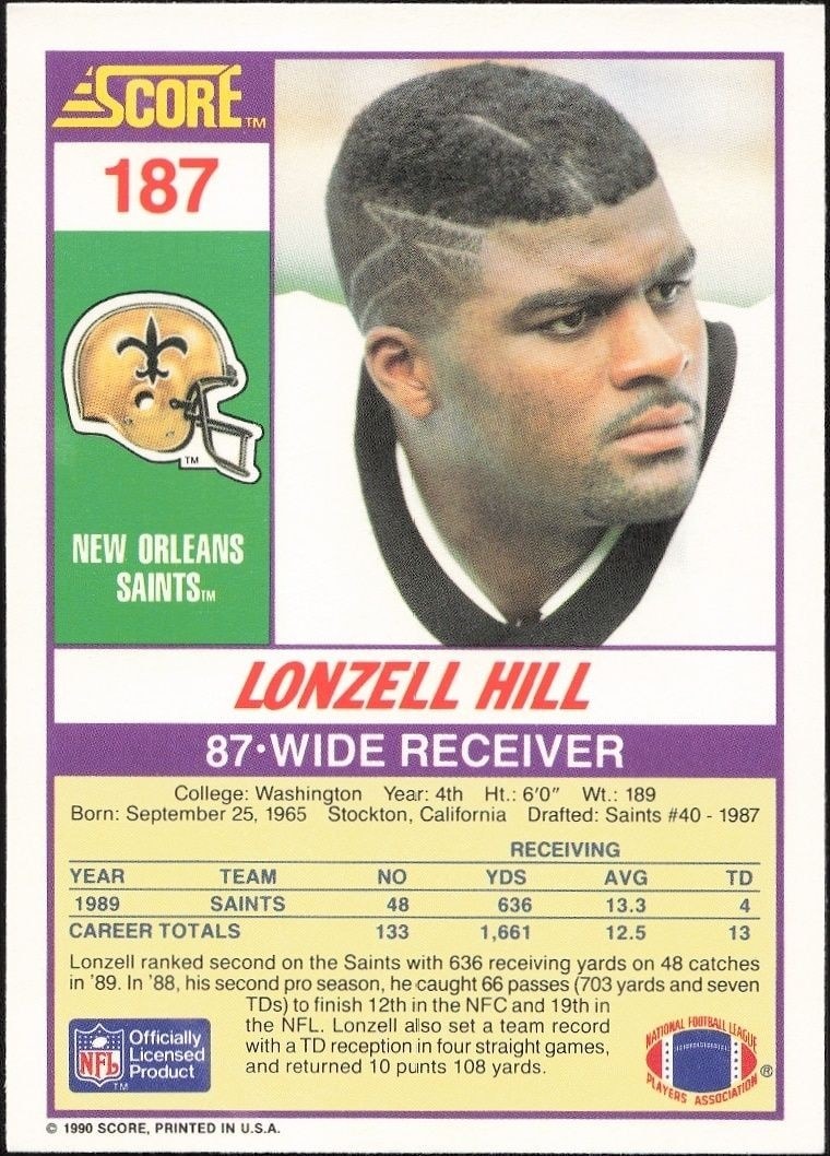 1990 Score Lonzell Hill #187 football trading card back