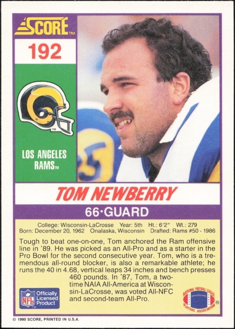 1990 Score Tom Newberry #192 football trading card back