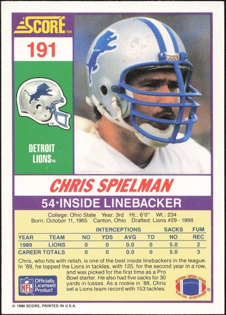 1990 Score Chris Spielman #191 football trading card back