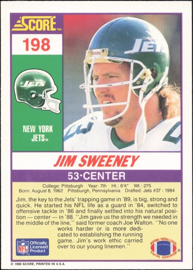1990 Score Jim Sweeney #198 football trading card back