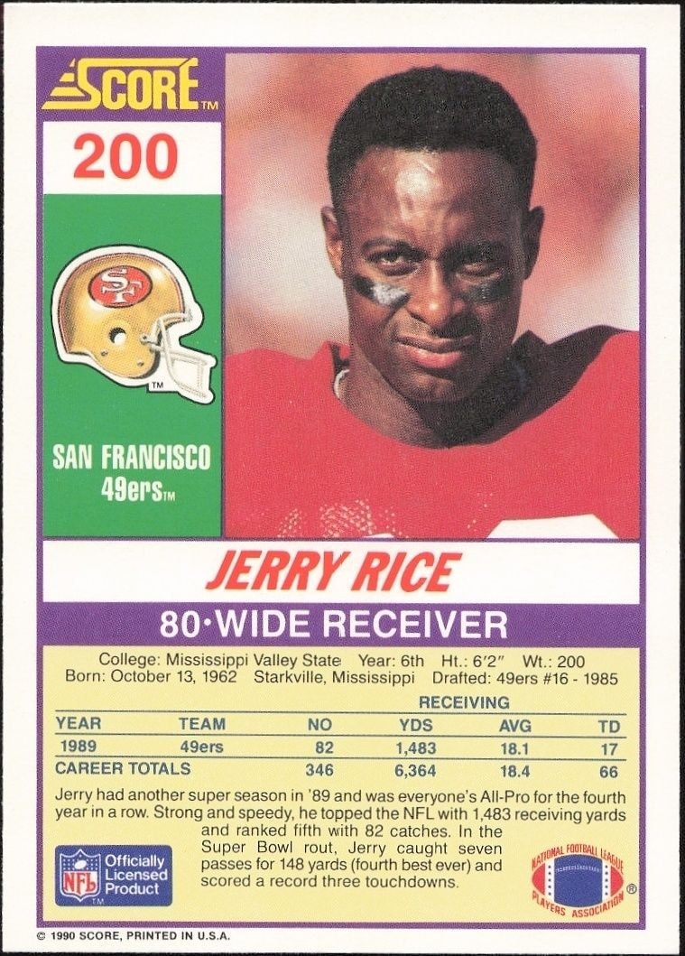 1990 Score Jerry Rice #200 football trading card back