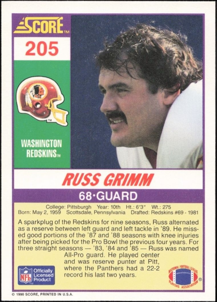 1990 Score Russ Grimm #205 football trading card back