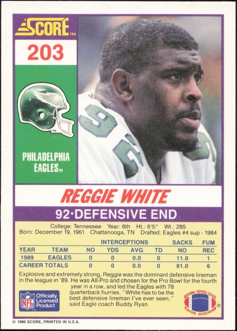 1990 Score Reggie White #203 football trading card back
