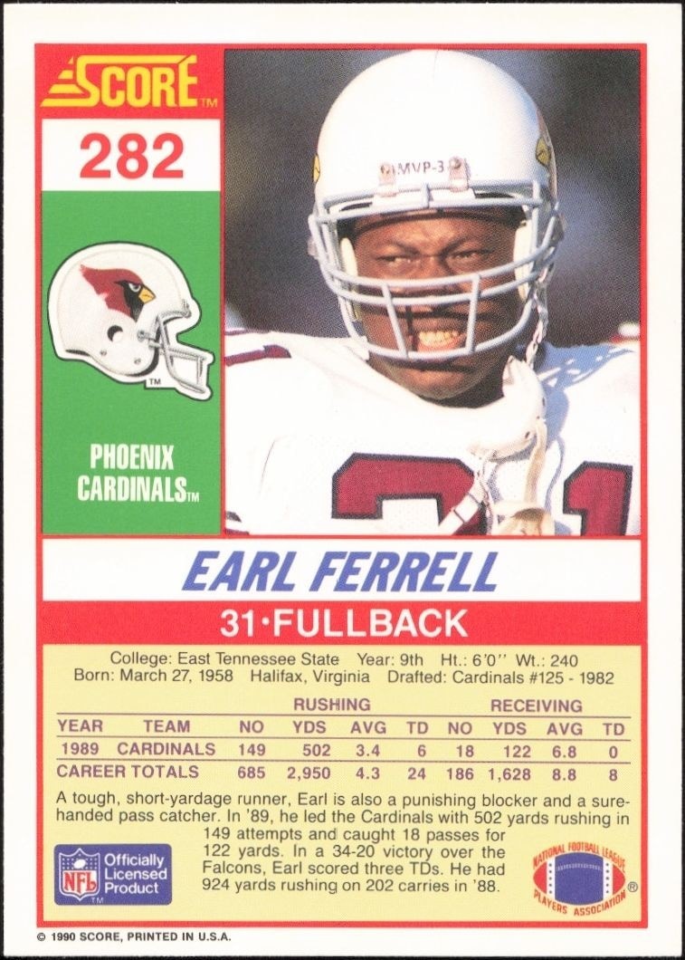 1990 Score Earl Ferrell #282 football trading card back