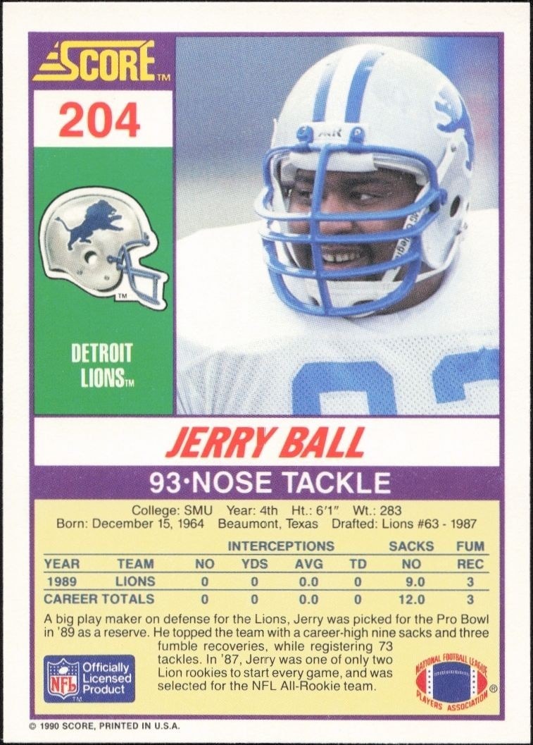 1990 Score Jerry Ball #204 football trading card back