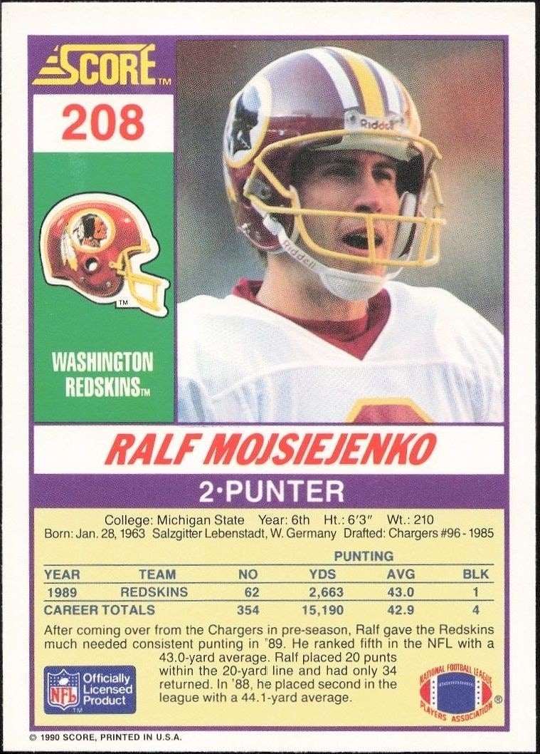 1990 Score Ralf Mojsiejenko #208 football trading card back