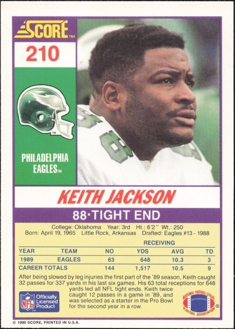 1990 Score Keith Jackson #210 football trading card back
