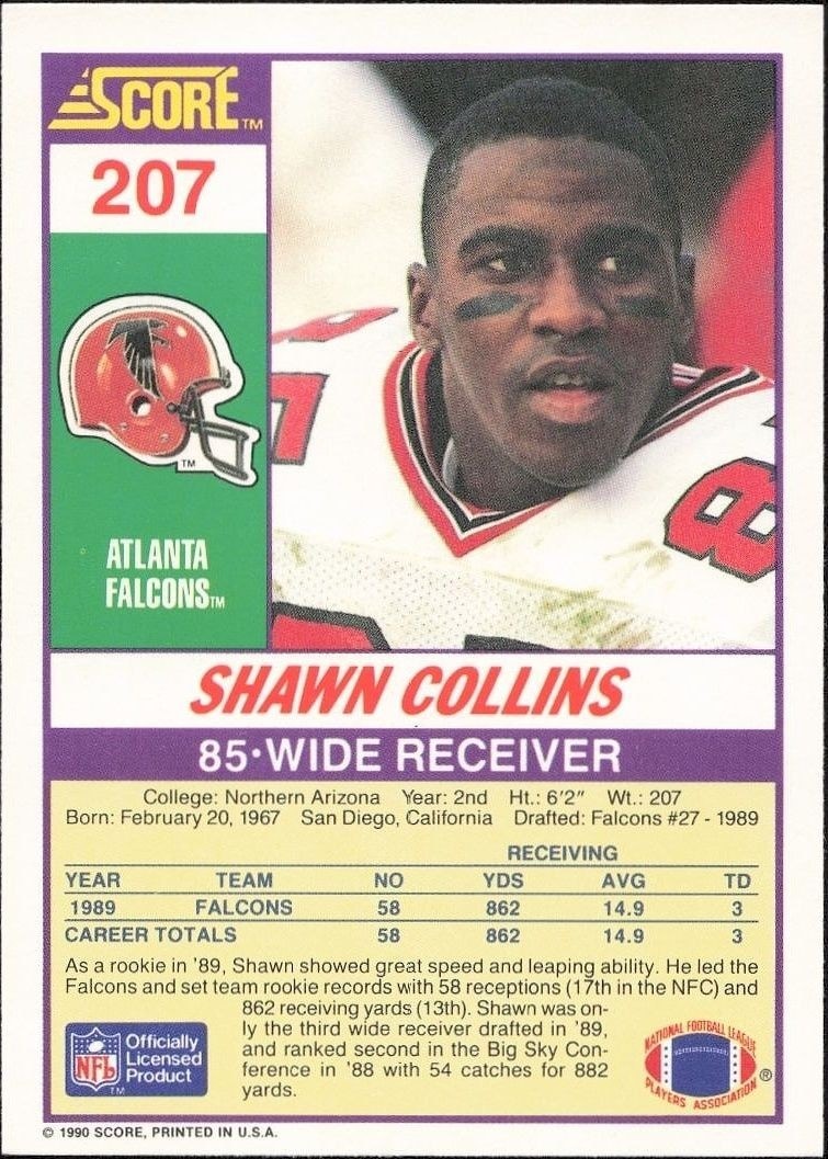 1990 Score Shawn Collins #207 football trading card back