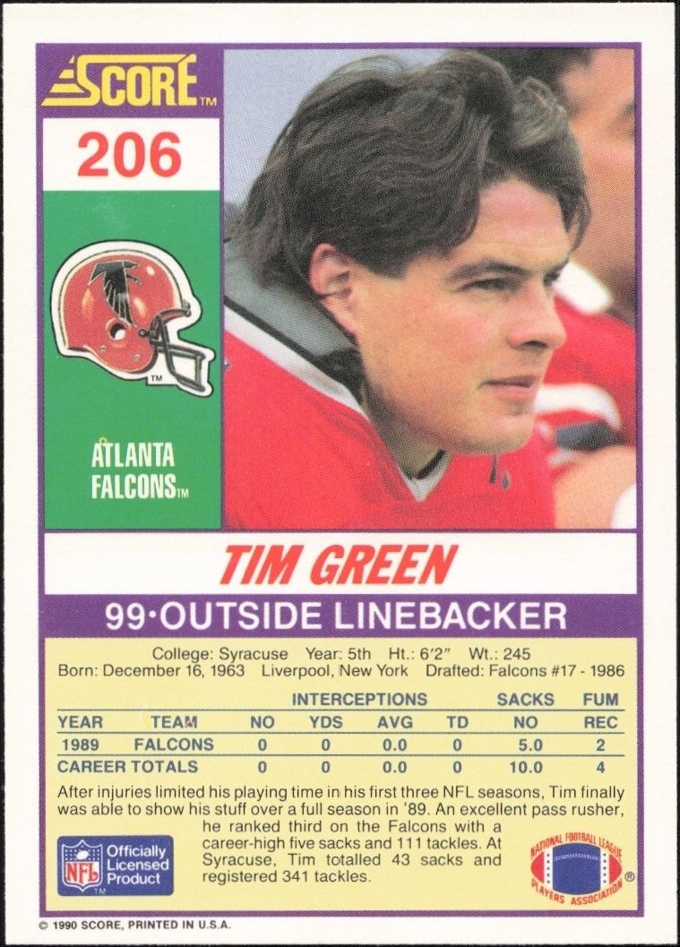 1990 Score Tim Green #206 football trading card back