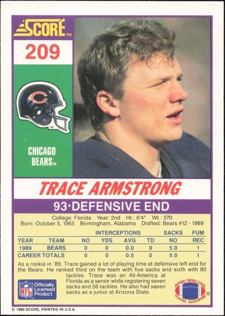 1990 Score Trace Armstrong #209 football trading card back