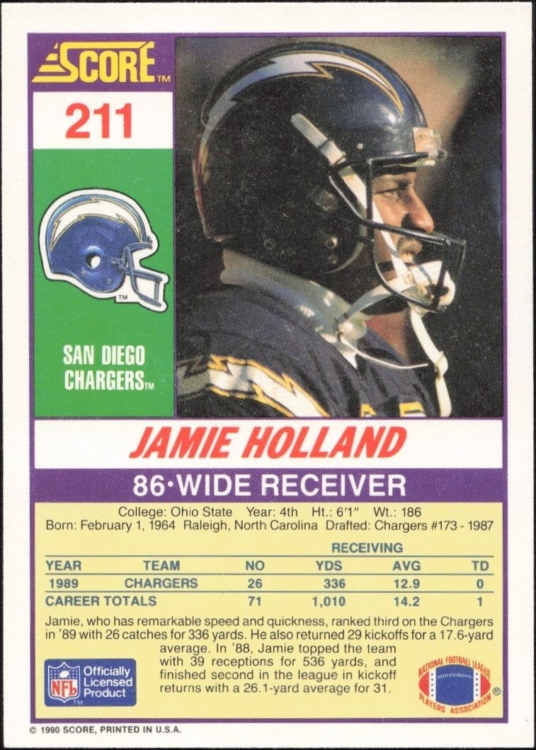 1990 Score Jamie Holland #211 football trading card back
