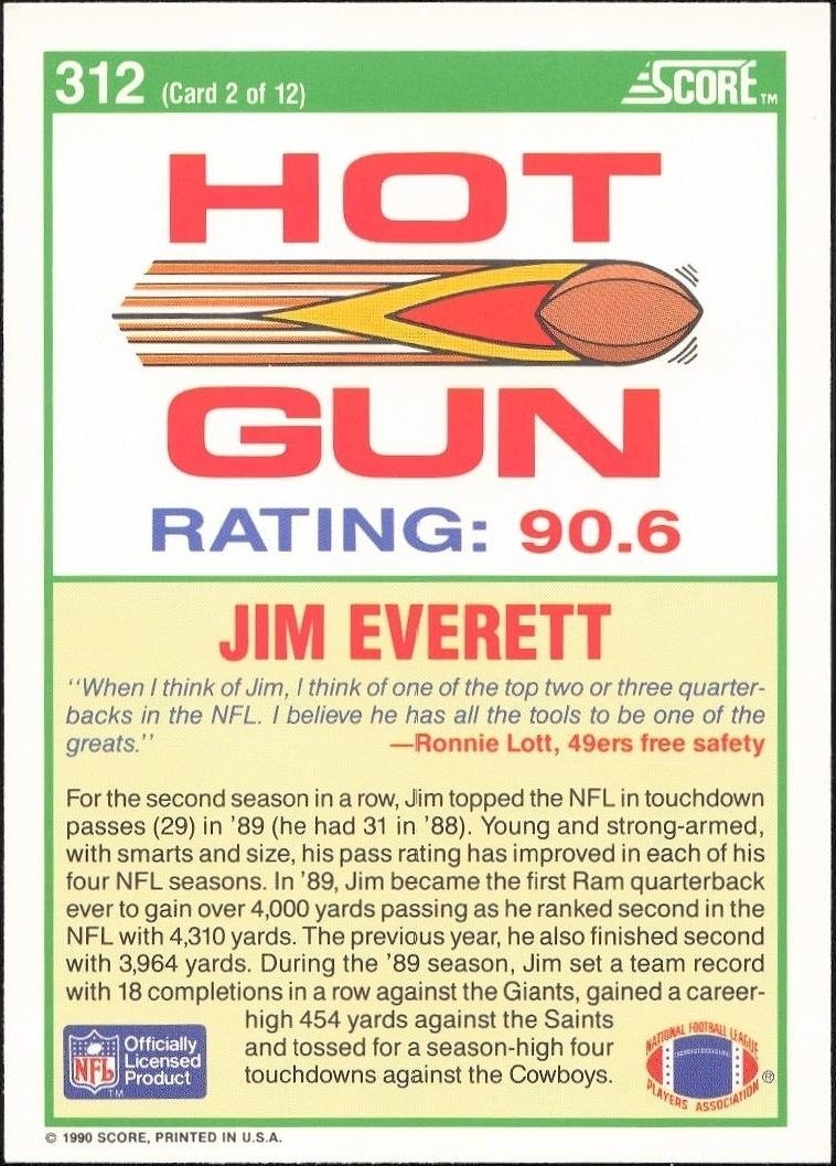 1990 Score Jim Everett #312 football trading card back