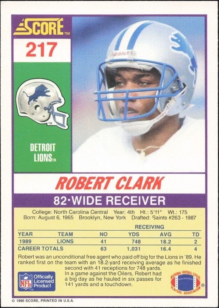 1990 Score Robert Clark #217 football trading card back